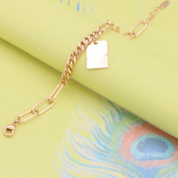 "Chunky Rose Gold Bracelet with Paperclip and Square Tag Charm, XPBL1078 - Picture 2 of 12